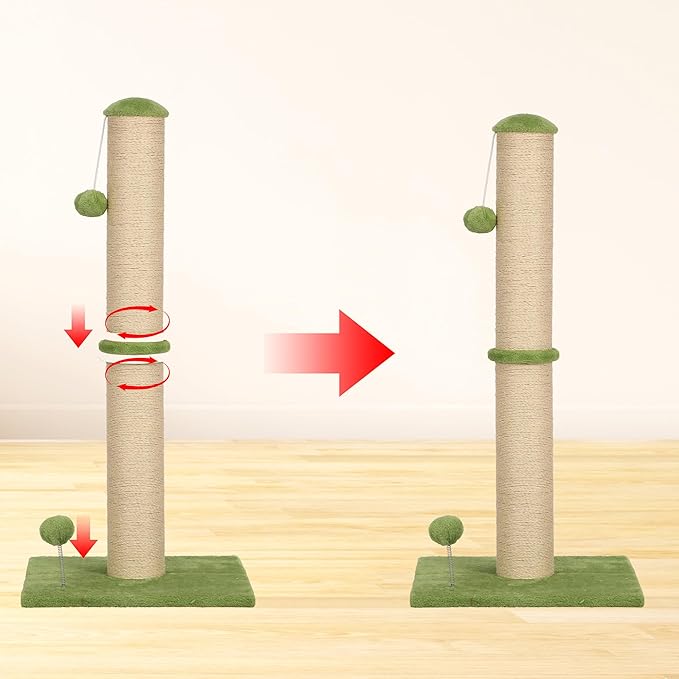 22" Small Cat Scratching Post, 3-in-1 Durable Sisal Vertical Cat Scratcher Post with Hanging Ball, Soft Fabric Stable Base Cat Scratch Pole for Kittens or Smaller Cats, Green