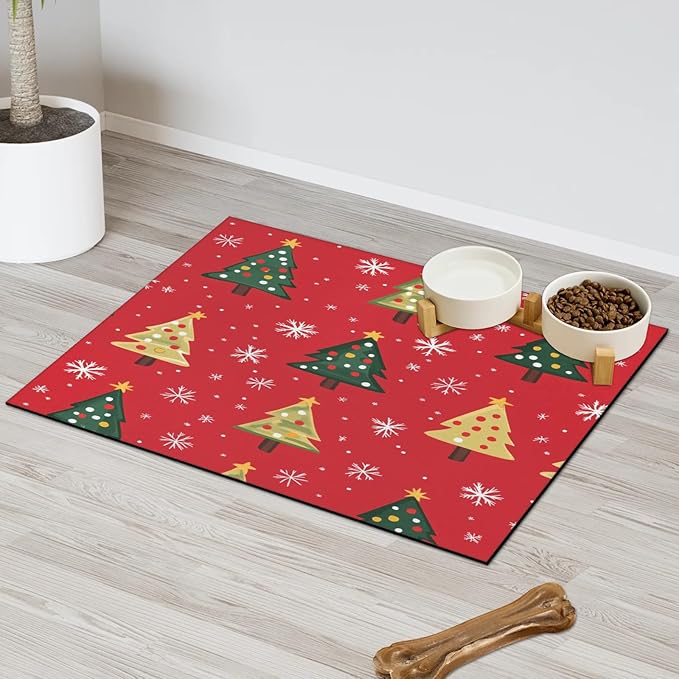 Xmas Trees Dog Food Mat for Floors Absorbent, Quick Dry Water Dispenser Mat for Food, Water, Pet Supplies 24" x 32", Christmas Snowflakes