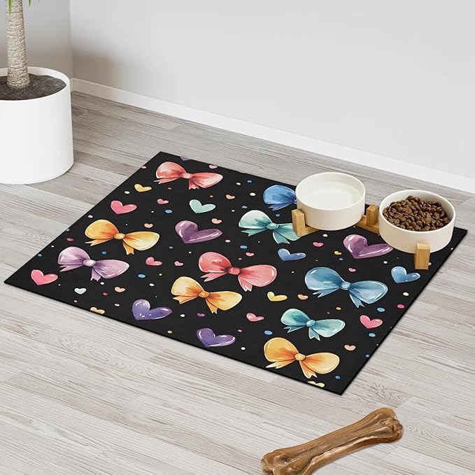 Colorful Bowknot Dog Food Mat for Floors Absorbent, Quick Dry Water Dispenser Mat for Food, Water, Pet Supplies 17" x 30", Love Heart