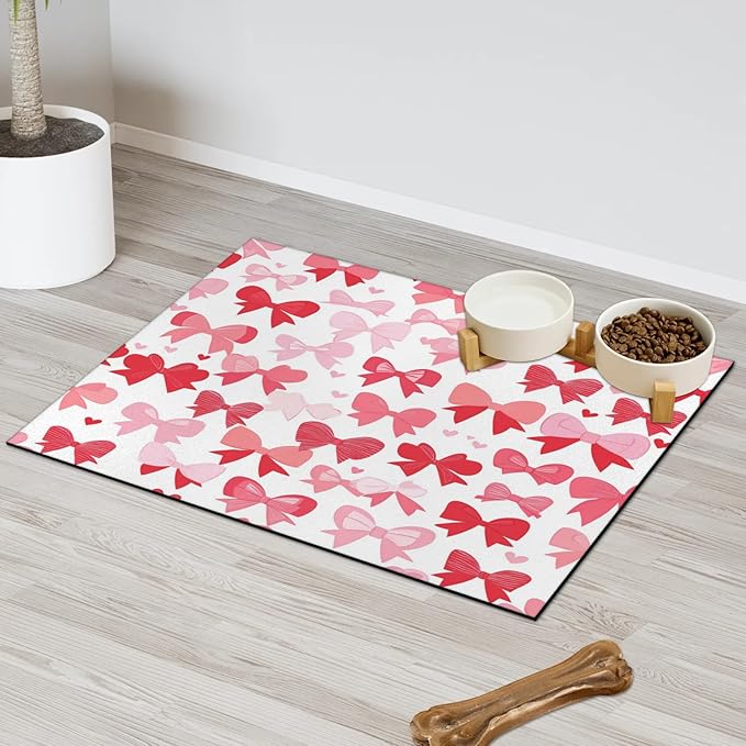 Bow Dog Food Mat for Floors Absorbent, Quick Dry Water Dispenser Mat for Food, Water, Pet Supplies 24" x 32", Cute Bowknot