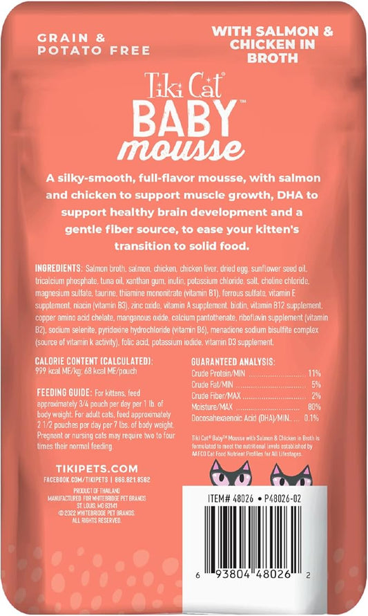 Tiki Cat Baby, Salmon & Chicken, Grain-Free and Nutrient Rich, Wet Cat Food for Kittens 4 Weeks+, 2.4 oz. Pouch (12 Count)