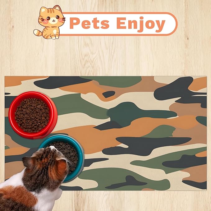 Camouflage Dog Food Mat for Floors Absorbent Dog Bowl Mat for Food and Water Dispenser Quick Dry Cat Food Placemat Pet Supplies 16" x 24", Green Brown
