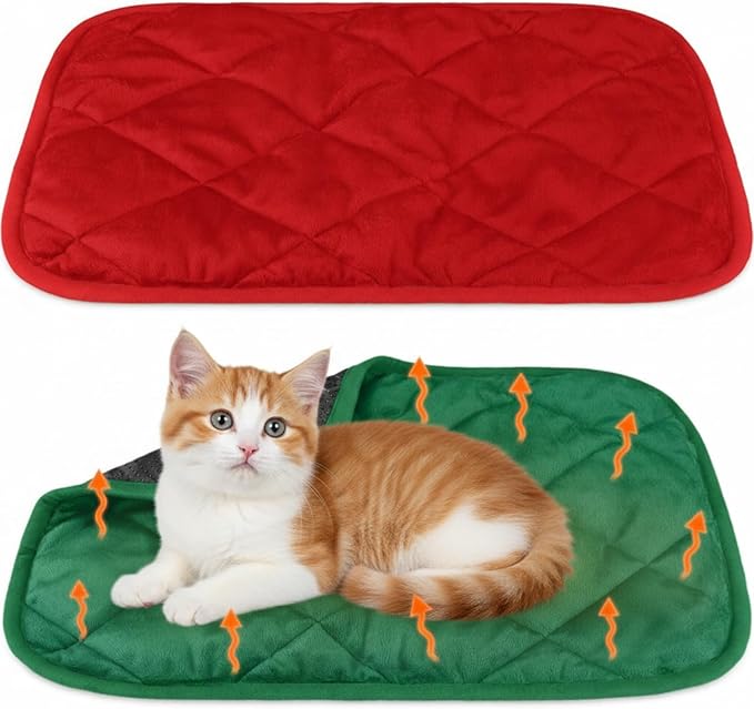 2 Pack Self Heating Cat Mat Self Warming Pet Pads Washable Kennel Mat Dog Crate Pad Reflects Body Heat Non Skid Cat Thermal Pads for Puppy Indoor Outdoor (Red, Green,16 x 20 Inches)