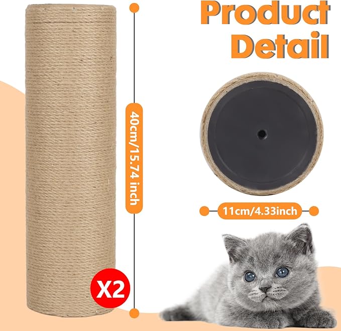 PowerKing Thick Natural Sisal Replacement Scratching Post,15.7" Length, 4.5" Thick, 2Pcs M8 Cat Scratch Post Refill Poles, Ideal for Refurbishment, Includes Screws, Natural