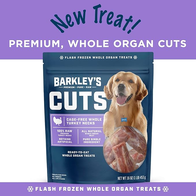 Barkley’s Cuts, Frozen Raw Sliced Turkey Necks Dog Treats, Single Ingredient, Flash Frozen, High Protein Training Treats and Food Toppers for Puppies and Dogs, Human Grade Ingredients, 16 Oz Bag