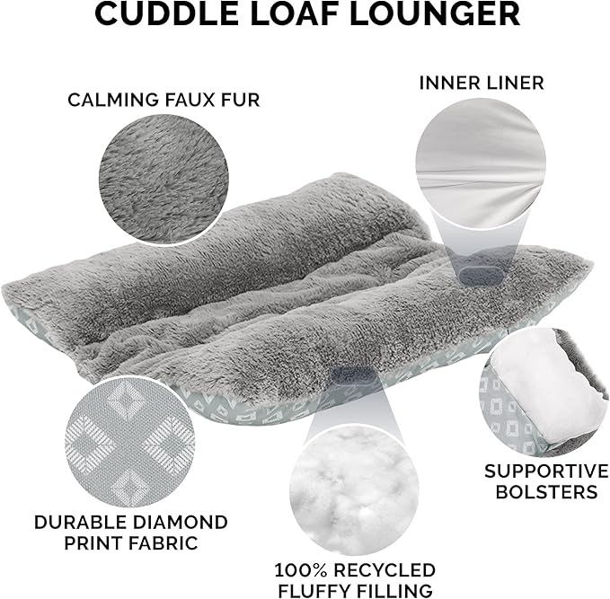 Furhaven Cat Bed for Indoor Cats, Washable w/ Removable Bolsters, For Pets Up to 18 lbs - Plush & Diamond Print Cuddle Loaf Mat - Gray, Large