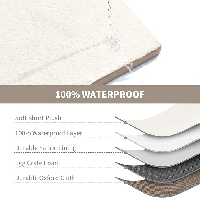 Orthopedic Dog Bed for Extra Large Dogs, XL Waterproof Comfort Pet Bed for Large Sized Dog, Egg Crate Foam Pet Bed with Removable Washable Cover, Khaki White