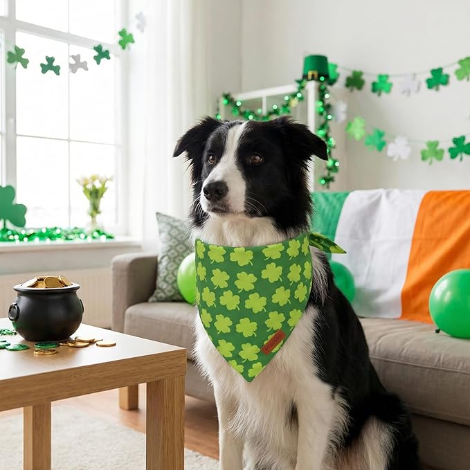 PTDECOR St. Patrick's Day Dog Bandana, Reversible Lucky Pet Scarf, Premium Durable Fabric, Adjustable Green Shamrock Pet Bandanas for Medium Large Dogs Pets (Large)