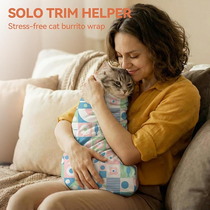 BFNN Cat Grooming Wrap for Cutting Nails, 27.6" Anti-Escape Calming Cat Swaddle Wrap for Medicine, Nail Clipping, Teeth Brushing, Ear Cleaning, Self-Adherent Burrito Restraint, (Geometric Fish, L)