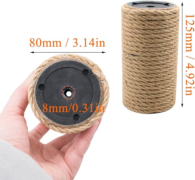 2 Pack Cat Scratching Posts Jute Rope Replacement Scratcher Refill Post for Cats Cube Tower Kittens Scratch Pole Perch Interactive Toys Carpeted Furniture Accessories Deterrent Tree 4.92'' (M8 Screws)
