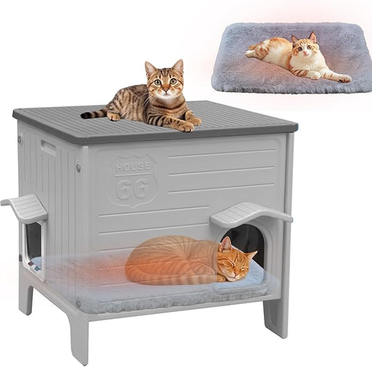 Rockever Waterproof Cat House for Outdoor Cats, Insulated Outdoor Cat House with Soft Mat, Elevated Feral Cat House Outdoor Indoor, Safe Escape Door, Spacious and Clean Easily(L,Grey with Mat)