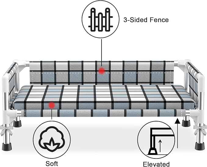 Elevated Raised Outdoor Dog Bed - Cooling Washable Dog Cot with Guardrail, Durable & Breathable Cotton Mesh Pet Hammock Beds with Stainless Steel Pipe Frame for Small Pets (Cushion-(M-))