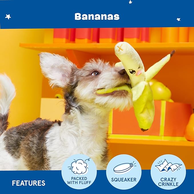 Barkbox Dog Toy 2 in 1 Interactive, Plush Exterior with Squeaker & Crinkle Material, Tearable Dog Toy with Squeaky Spikey Ball Inside, Ideal for Toy Destroyers - Go Bananas, Small