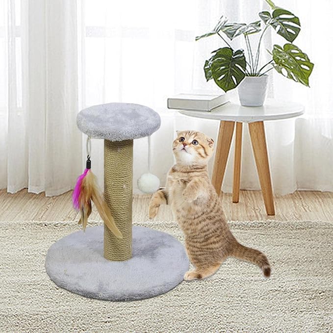 Cat Scratching Post Sisal Rope Scratcher Kitty Scratch Pole Protecting Your Furniture Kitten Cat Post Interactive Toy for Small Cats Indoor (Round Gray)