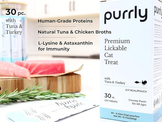 Purrly Lickable Cat Treat Healthy Human-Grade Tuna & Turkey with L-Lysine & Astaxanthin for Immunity (30 Count) Soft Low Calorie Hydrating Interactive Snack Wild-Caught Farm-Grown Grain-Free