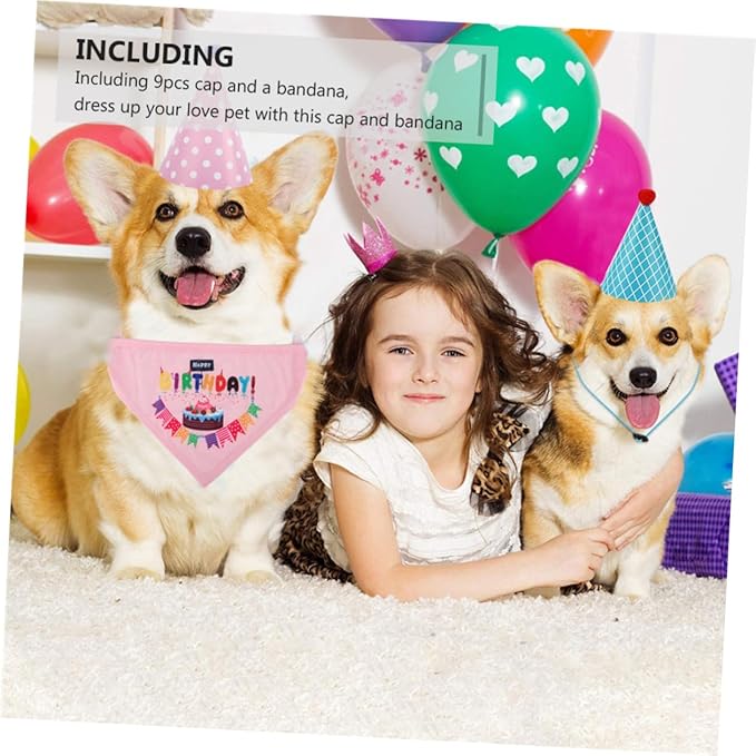 VILLCASE Dog Birthday Bandana and Hat Set 9 Assorted Pet Birthday Caps with 1 Decorative Party Supplies and Puppies Random Color