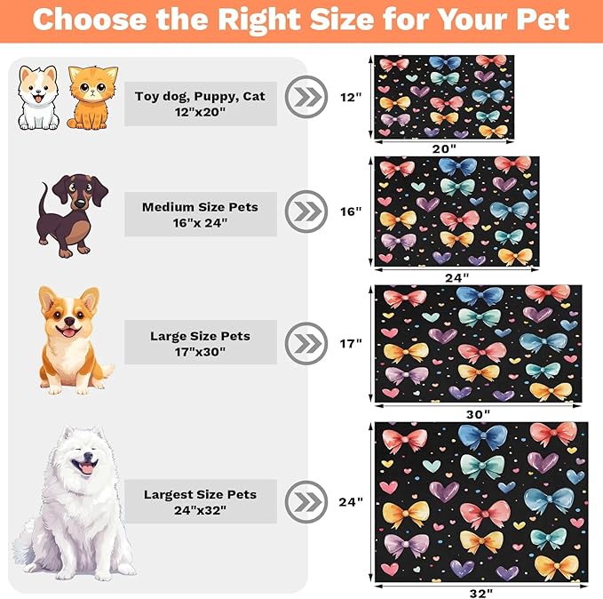 Colorful Bowknot Dog Food Mat for Floors Absorbent, Quick Dry Water Dispenser Mat for Food, Water, Pet Supplies 17" x 30", Love Heart