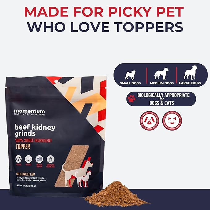 Momentum Carnivore Nutrition Freeze-Dried Beef Kidney Pet Food Topper – Single-Ingredient, All-Natural Topper – High-Protein for Dogs and Cats, Grain-Free and Made in The USA– (3.75 oz Bag)