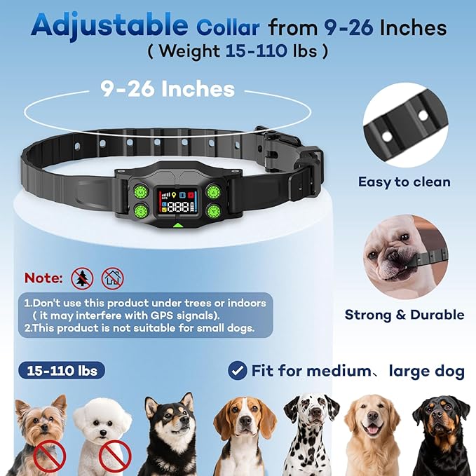 GPS Wireless Dog Fence, Rechargeable Electric Dog Collar with 3 Training Modes, Radius 25-999 Yards, IPX7 Waterproof Invisible Pet Containment System for Medium & Large Dog, Outdoor Use