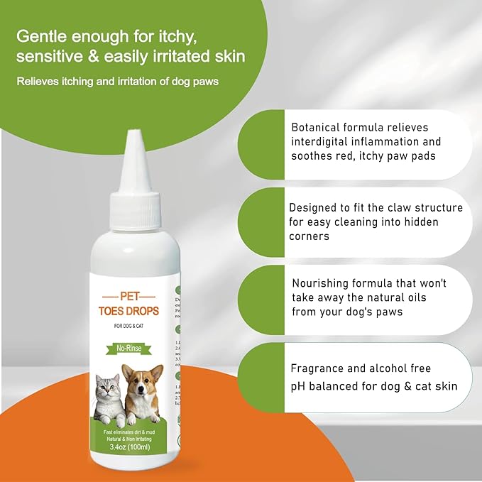 Dog Paw Cleaner 3.4oz - No Rinse Toe Cleanser for Sensitive Paws, Relieves Paw Licking, Deep Cleans Paws & Toe Crevices, Soothes & Moisturizes, Safe for Puppies to Large Pets