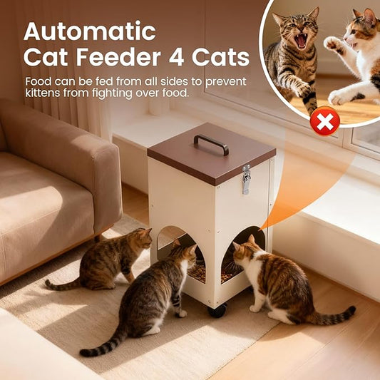 Automatic Cat Feeder for 4 Cats 5L Auto Cat Food Dispenser with Wheels for Puppies and Kittens, Multiple Cats Feeder Outdoor Large Capacity Galvanized Steel Gravity Pet Feeding Station