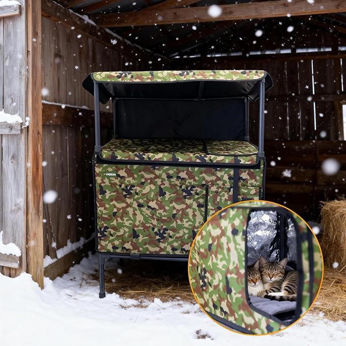 Outdoor Cat House, Heated for Winter Waterproof &Insulated Feral Outside Cat Shelter with Heating Pad, Weatherproof Pet Cottage for Barn, Porch, Garage, Gift for Stray Cats