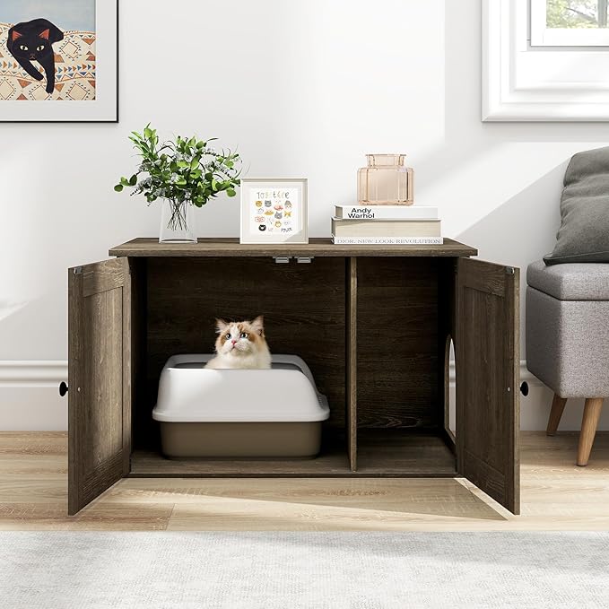 Tangkula Cat Litter Box Enclosure, Hidden Cat Washroom Cabinet with Double Doors, Divider, Side Entry, Indoor Wooden Cat House End Table, Enclosed Litter Box Furniture (Oak)