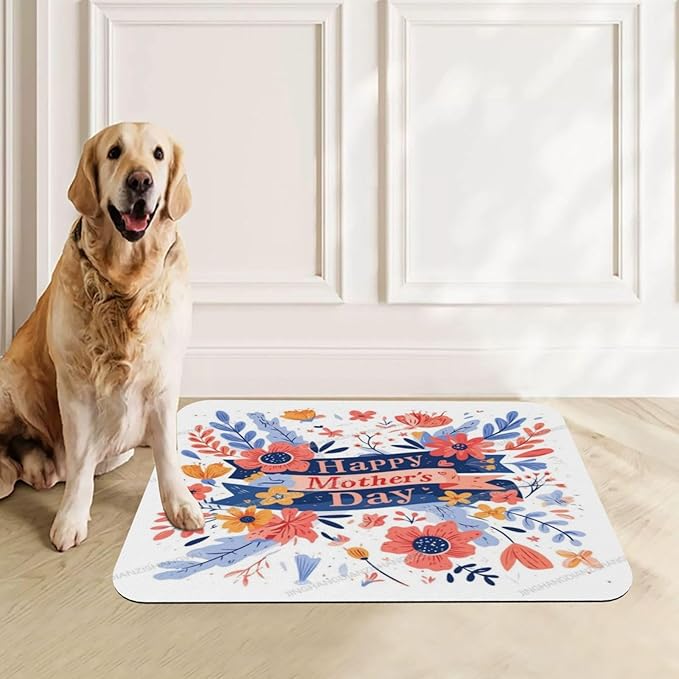 Pet Feeding Mat Absorbent Dog Mat for Food Water Bowl No Stains Quick Dry Water Dispenser Mats Happy Mother's Day Floral Gift for Mom H Dog Accessories Pet Supplies Bowl Messy Drinkers 24x16In