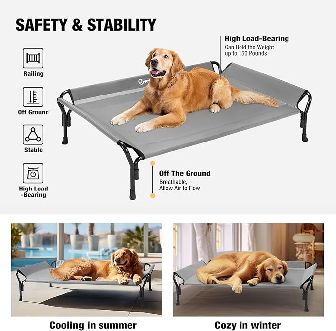 Veehoo Cooling Elevated Dog Bed, Raised Pet Cot with Guardrail & Slope Headrest, Durable Breathable Teslin Mesh, Non-Slip Feet, Washable Dog Couch Bed for Indoor & Outdoor, Large 47" x 32", Gray