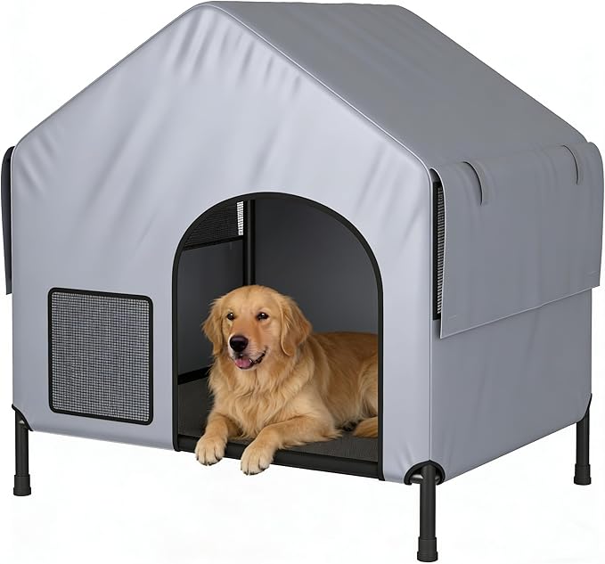 Outdoor Dog House for Small Large Dogs, Waterproof & Snowproof 600D Oxford Dog House with Elevated Dogs Bed, Pet Canopy Tent for Doggie, Cats, Small Animals, Grey