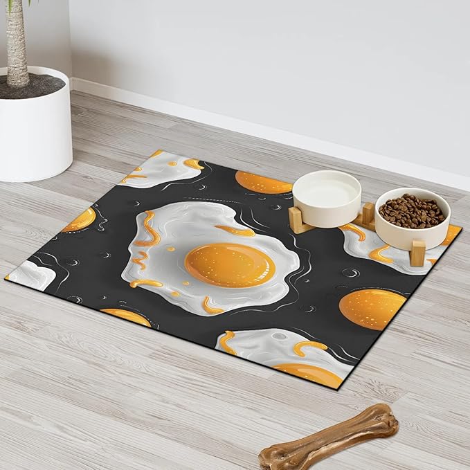 Fried Egg Dog Food Mat for Floors Absorbent Dog Bowl Mat for Food and Water Dispenser Quick Dry Cat Food Placemat Pet Supplies 16" x 24",