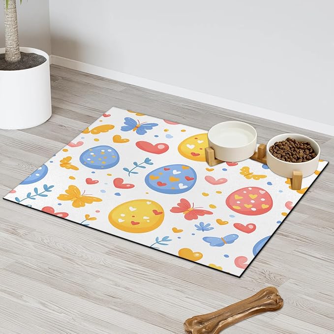 Easter Egg Dog Food Mat for Floors Absorbent Dog Bowl Mat for Food and Water Dispenser Quick Dry Cat Food Placemat Pet Supplies 24" x 32", Colorful Butterfly