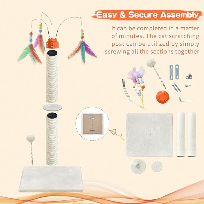 Cat Scratching Post ，33.4" Tall Automatic Teaser Wand Scratching Post with Sisal Rope，Interactive Automatic Rotating Hanging Balls Cat Toys for Indoor Cats