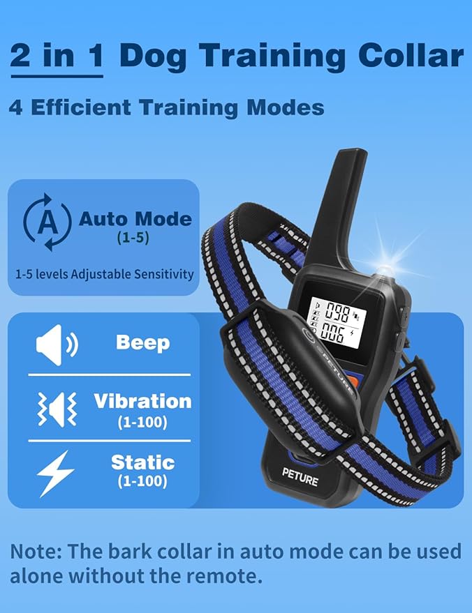Dog Bark Collar with Remote, 3300Ft 2-in-1 Bark and Shock Collar Combo with Beep Vibration Static and Auto Bark Mode, IPX7 Waterproof Dog Training Collar for 7-120lbs Small Medium Large Dogs (2 Pack)