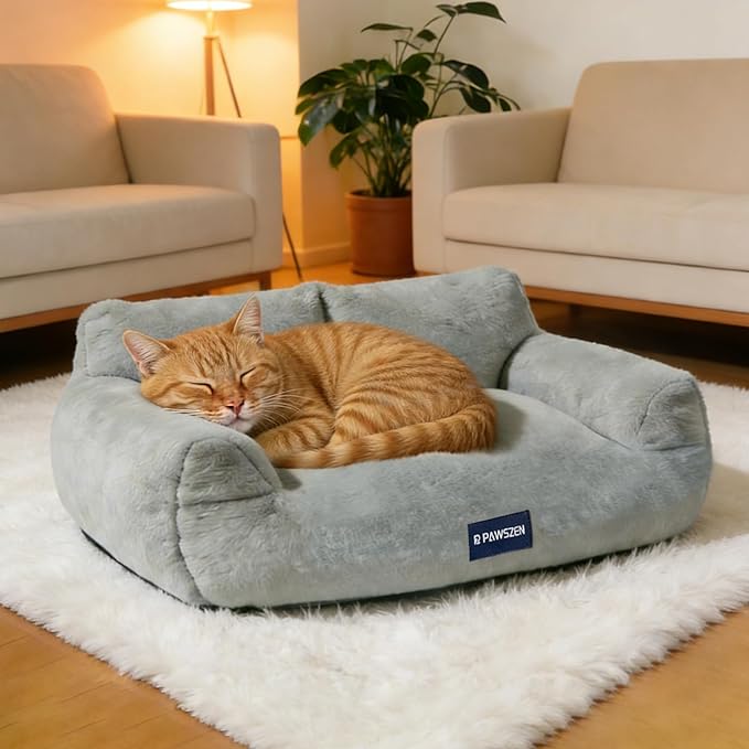 Plush Cat Bed, Cat Beds for Indoor Cats with Removable & Washable Cover, Anti Slip Base Cat Couch for Small Medium Cats & Dogs, High-Supportive Cat Beds That Won’t Flatten Even After Long-Term Use