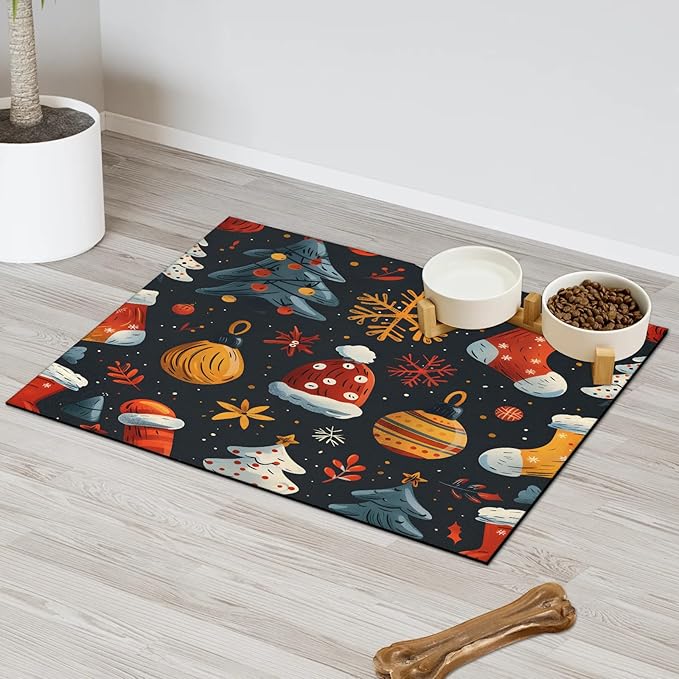 Merry Christmas Dog Food Mat for Floors Absorbent, Quick Dry Water Dispenser Mat for Food, Water, Pet Supplies 16" x 24", Sock Ball
