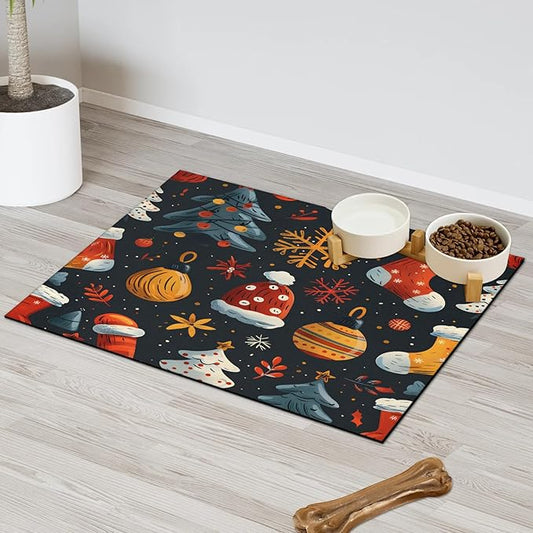 Merry Christmas Dog Food Mat for Floors Absorbent, Quick Dry Water Dispenser Mat for Food, Water, Pet Supplies 24" x 32", Sock Ball