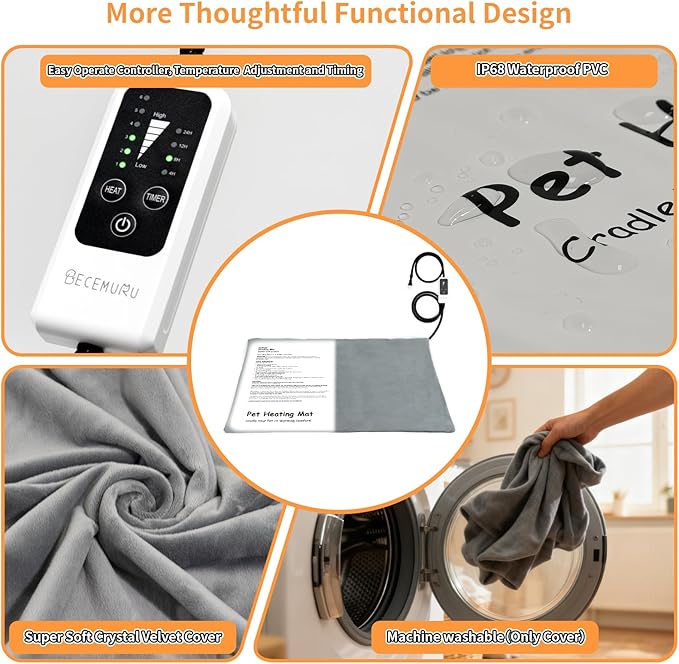 BECEMURU Pet Heating Pad for Dogs & Cats, 36"x24" Waterproof Heated Bed with 6-Temp & Timer, Chew-Resistant Cord Electric Warm Bed for Senior Pets, Soothing Pain Relief for Arthritis