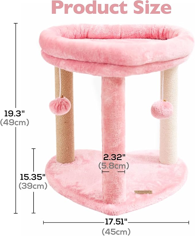 Cat Scratching Post Tree 3 in 1 Cat Tree Tower with Soft Bed, Heart Shape Scratch Posts with Two Hanging Ball Toys for Indoor Cats and Kittens Pink