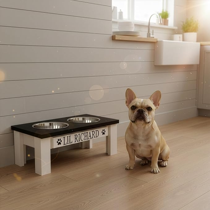 GTW Classic Elevated Dog Feeder – Wooden Elevated Stand with Stainless Steel Bowls, Anti-Slip Farmhouse Design (Small, Black)