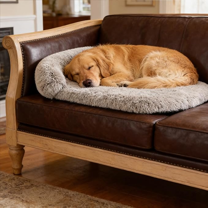 Calming Dog & Cat Beds for Small Medium Dogs Cats, Anti-Anxiety Plush Pets Lounge Orthopedic Cushion, Soft Fluffy Faux Fur Washable Fits up to 25 lbs Pets (Oval, Marble Grey 26"x20")