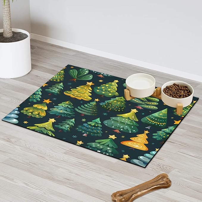 Christmas Trees Dog Food Mat for Floors Absorbent, Quick Dry Water Dispenser Mat for Food, Water, Pet Supplies 24" x 32", Pine Tree Forest