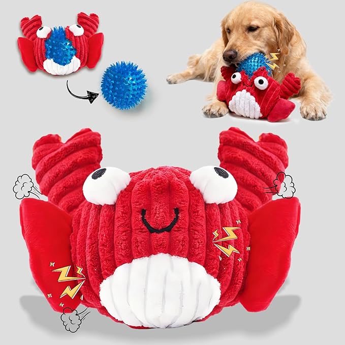 Squeak Dog Toys for Aggressive Chewers, No Stuffing Squeak Dog Chew Toys for Aggressive Chewers, Interactive Dog Toy Ball with Crinkle Paper for Medium Dogs, Large & Small Breeds (A-Red Crab)