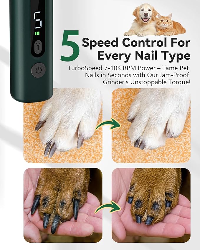weini Dog Nail Grinder with Sponge Dust Collection, Ultra Quiet <35dB Pet Nail Trimmer for Large Dogs & Cats, Professional 5-Speed Electric Dog Nail Grinder Quiet, 7H Runtime,White
