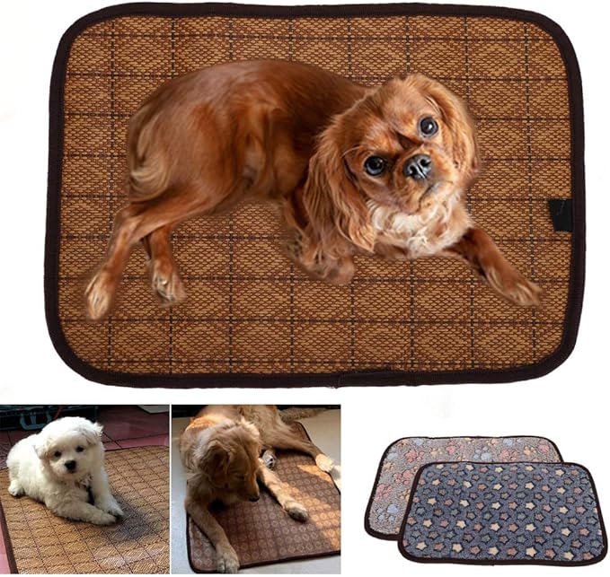 AYNEFY Doublesided Pet Mat Dog Daily Supplies Rattan and Warm Plush Cat Dog Bed for Summer Winter Use with Strong Edging for Cages Or Floor Doublesided Pet Mat Soft Breathable Cooling (S)
