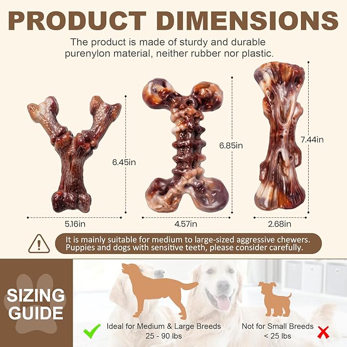 Dog Toys for Aggressive Chewers - 3 Pack Bacon Flavored Indestructible Dog Toy, Big Tough Chew Bone for Medium Large Breed 25-90lbs to Keep Them Busy, Happy Dog Gift (Brown)