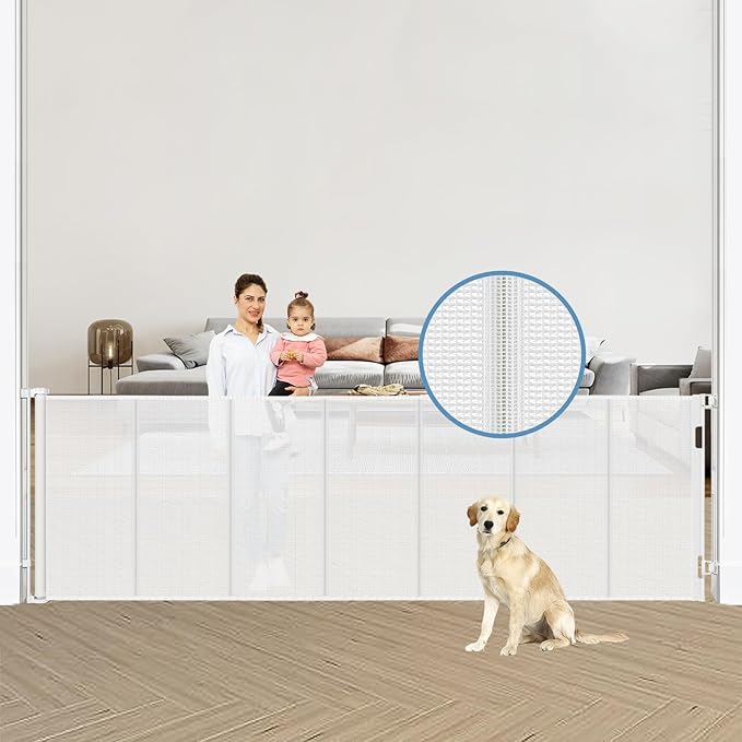 Reinforced 120 Inch Extra Wide Retractable Baby Gates with Reinforced Rods, Retractable Dog Gate Prevent Bottom Crawling Through, Mesh Pet Gate for Large Openings, White