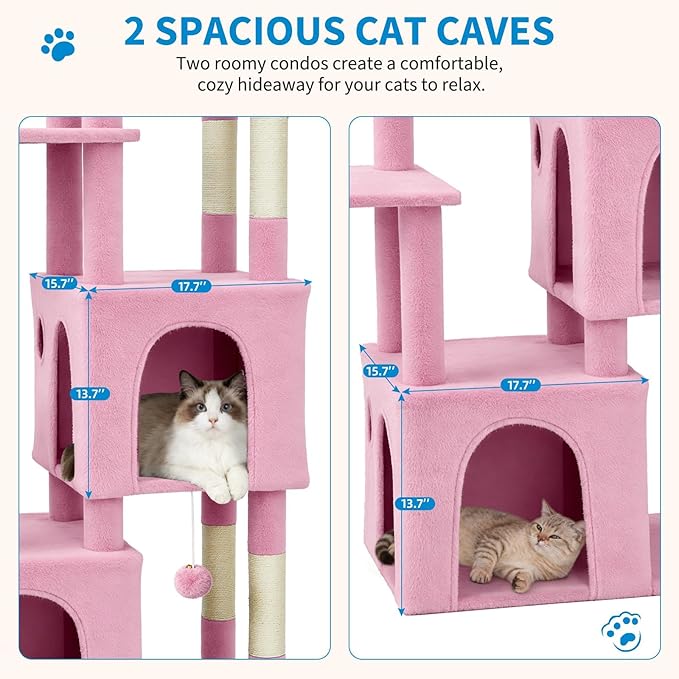 GarveeLife 61" Multi-Level Cat Tree for Indoor Cats, Heavy-Duty Tower for Large Adult & Maine Coon Cats with Oversized Perch, Dual Condos, Natural Sisal Scratching Posts & Play Toys – Pink
