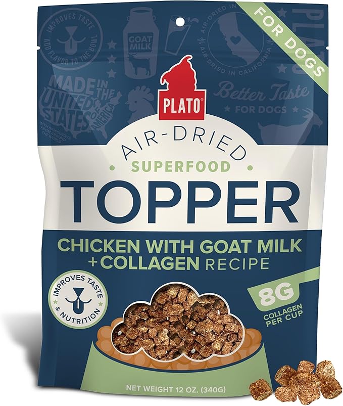 Plato Pet Treats Dog Food Toppers - Air-Dried Dog Food Toppers for Dry Food - with Collagen to Support Skin and Coat Health - Goat Milk & Collagen Recipe 12oz