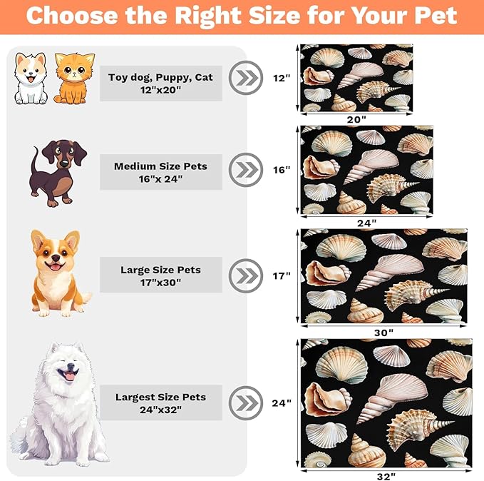 Sea Shell Dog Food Mat for Floors Absorbent Dog Bowl Mat for Food and Water Dispenser Quick Dry Cat Food Placemat Pet Supplies 16" x 24", Beach Conch
